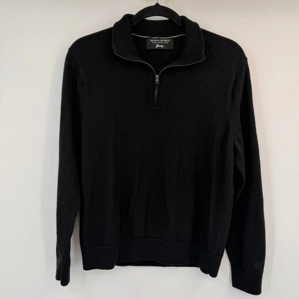Banana Republic Mens Black Italian Merino Wool Quarter Zip Sweater Large Baruffa